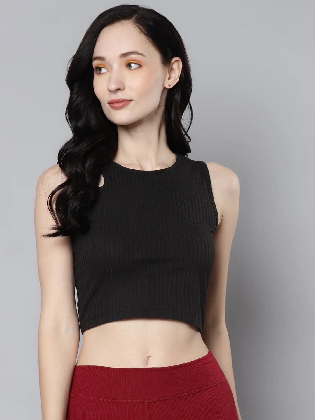 Women Charcoal Rib Shoulder Cut Out Crop Top