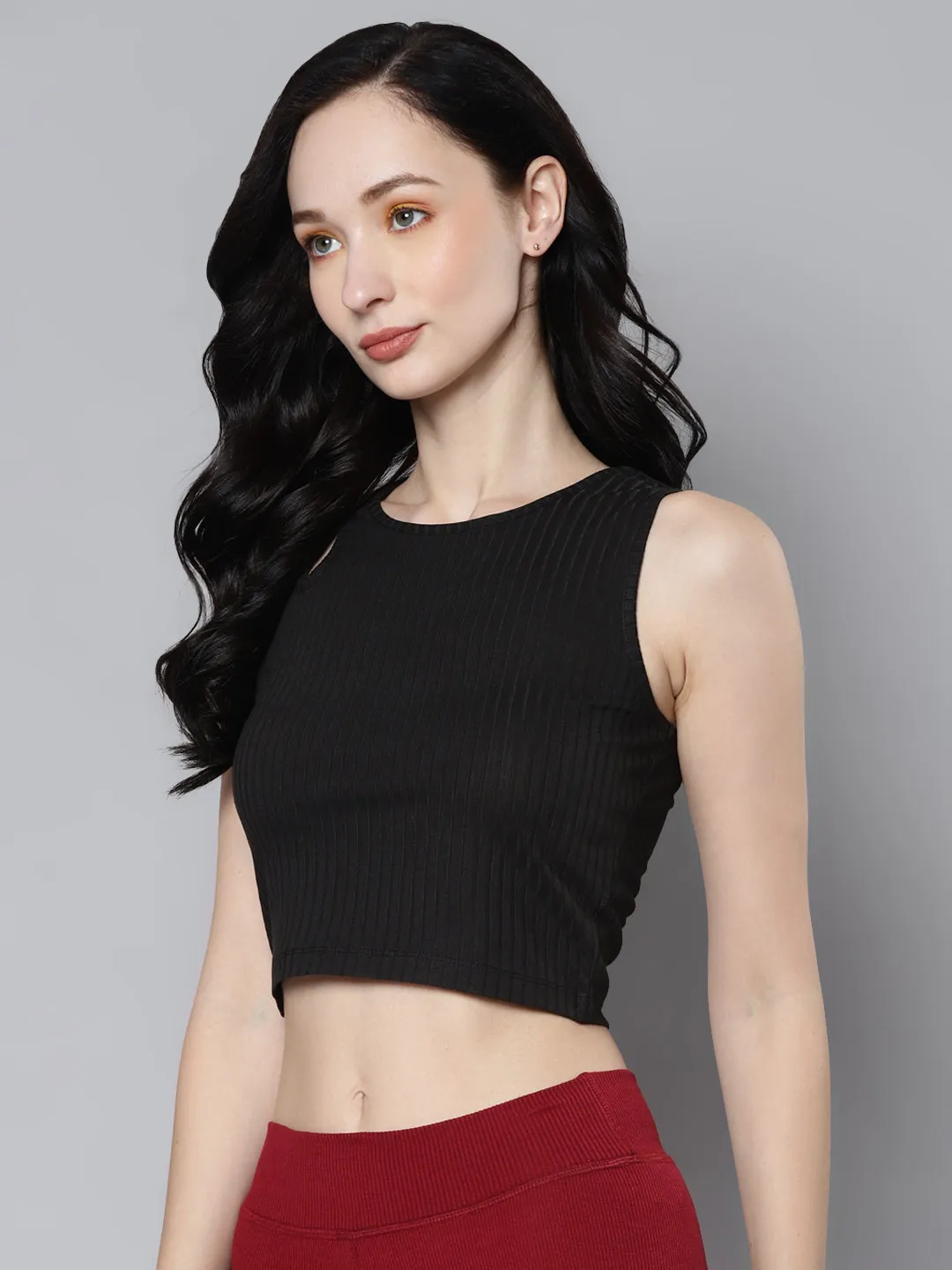 Women Charcoal Rib Shoulder Cut Out Crop Top