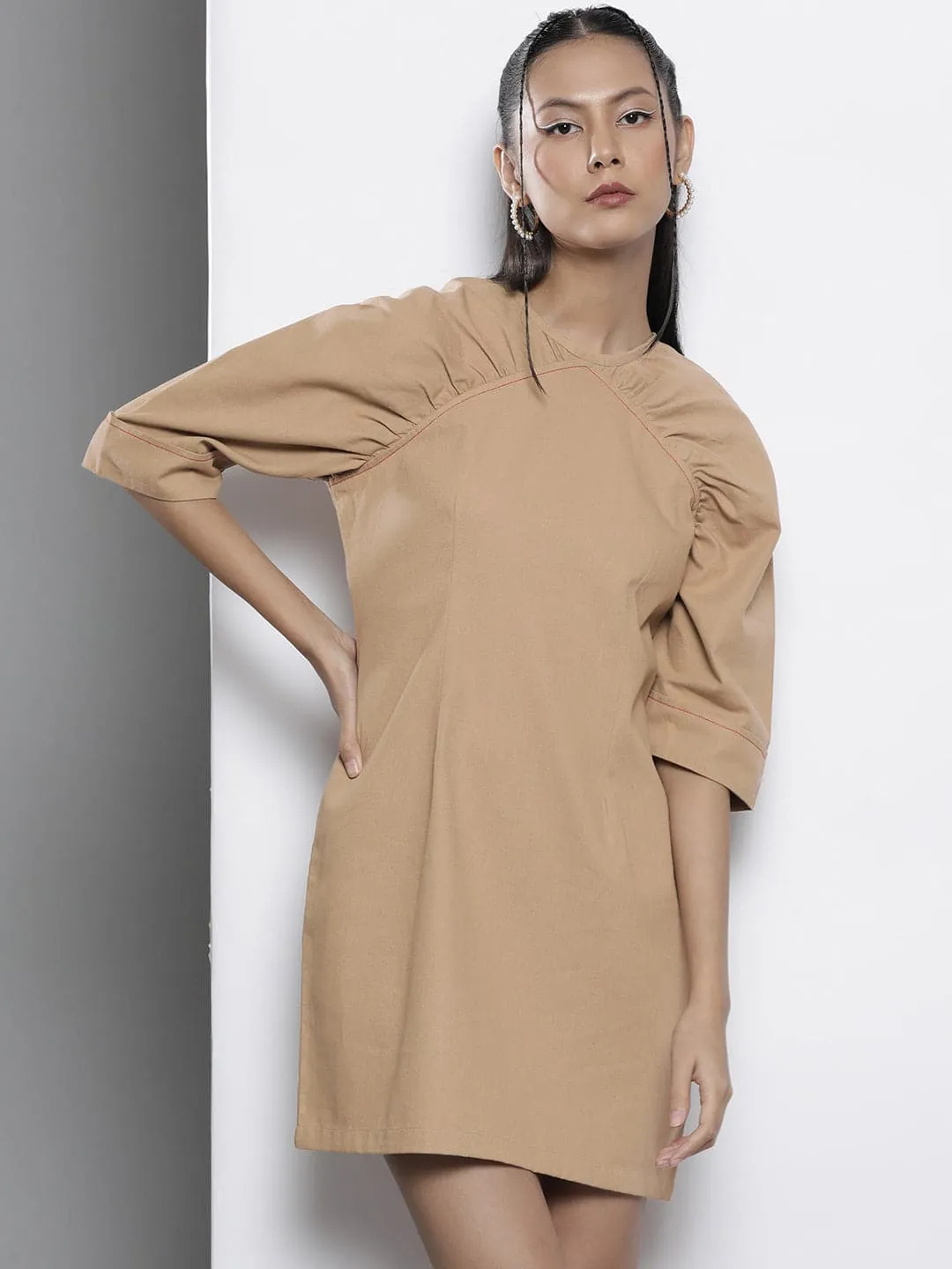 Women Khakhi Twill Volume Shoulder Shift Dress