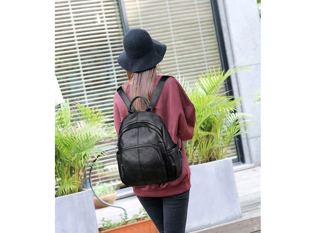 Vintage Leather Backpack for Women - Solid School Bag for Girls