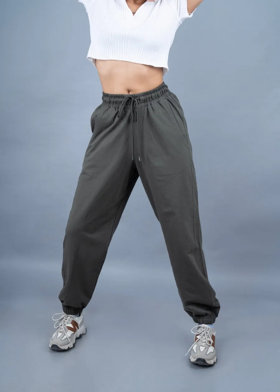 Women Premium Terry Loose Fit Joggers - Olive green