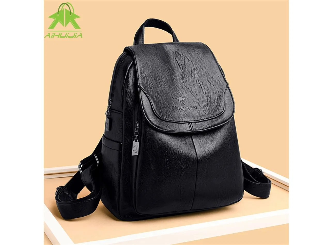 High-Quality Vintage Black Leather Backpack for Girls