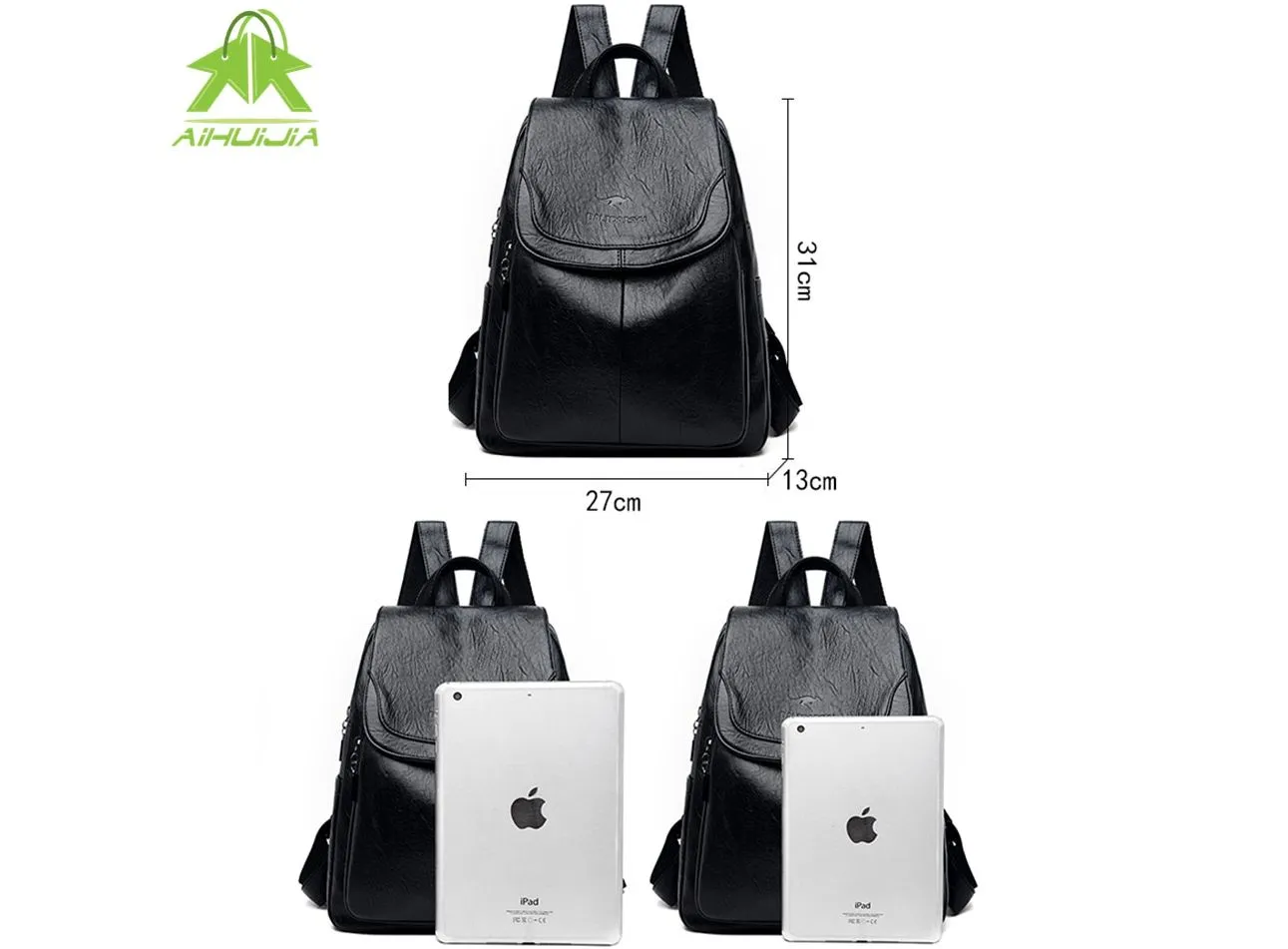 High-Quality Vintage Black Leather Backpack for Girls