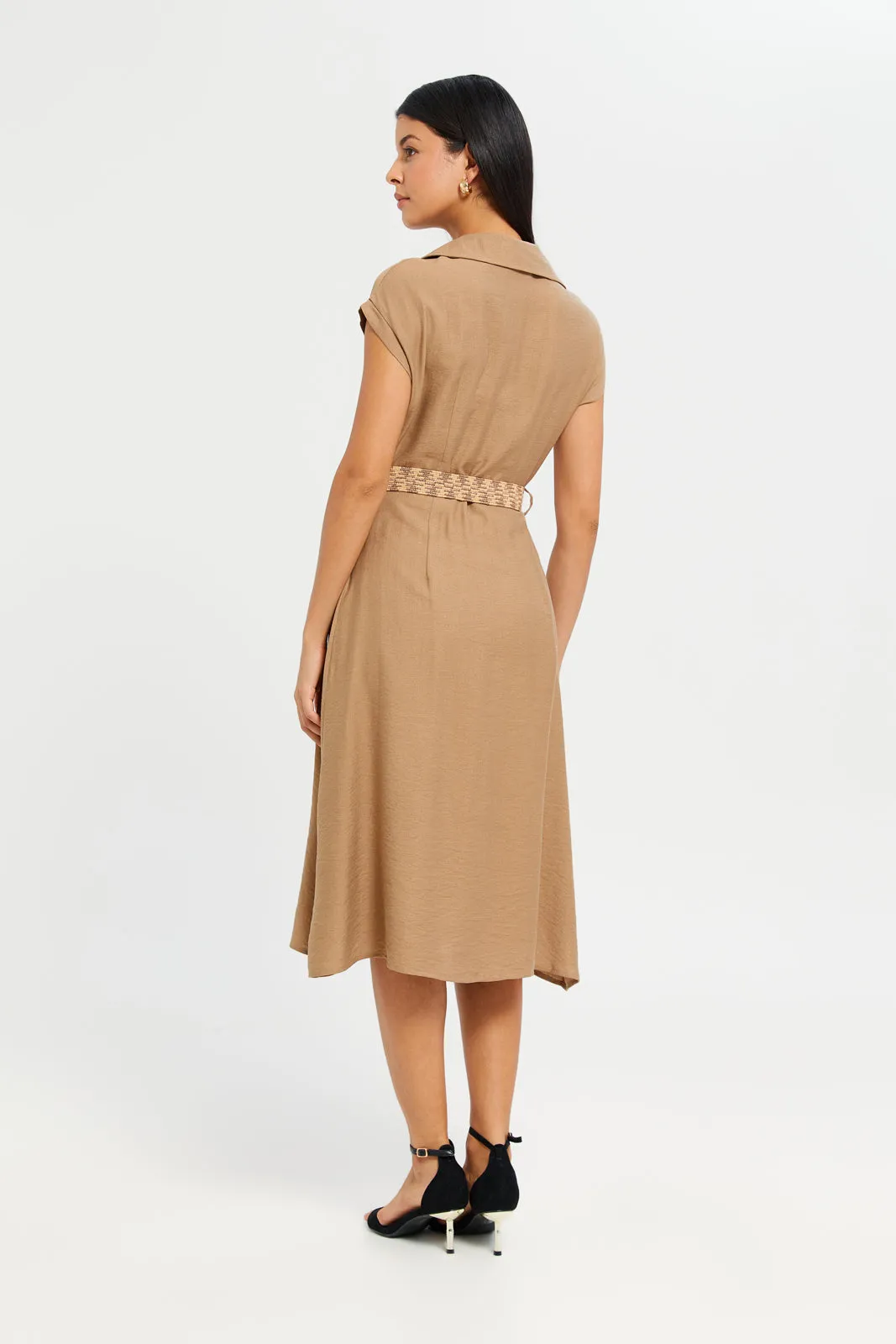 Women Tan Belted Shirt Dress