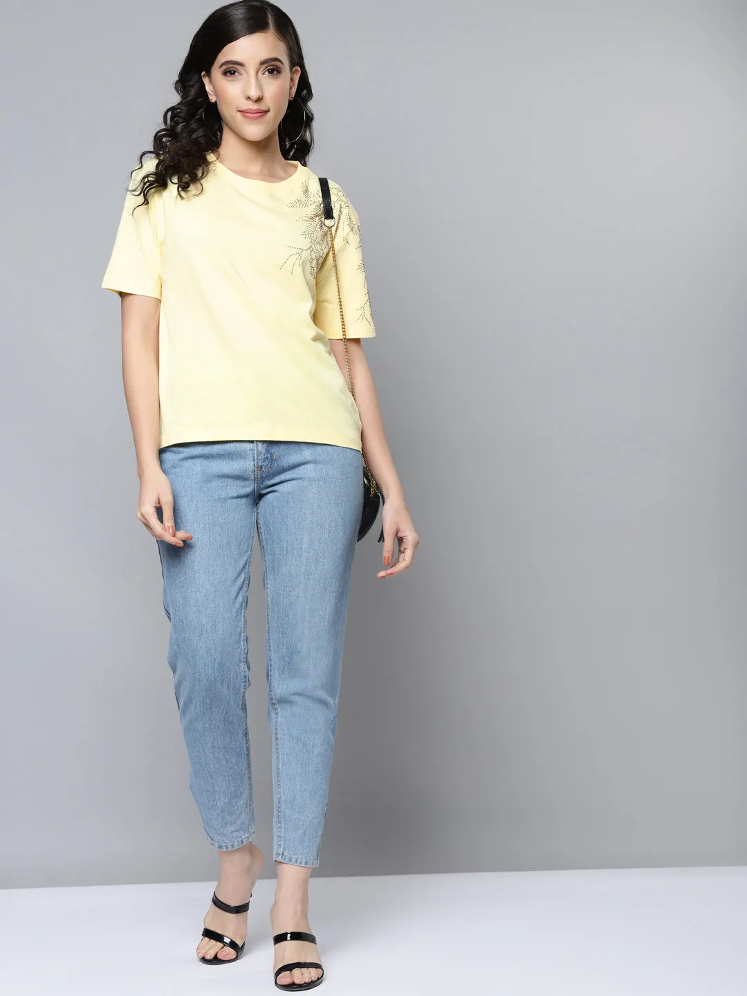 Women Yellow Shoulder Stud Work Regular T-Shirt