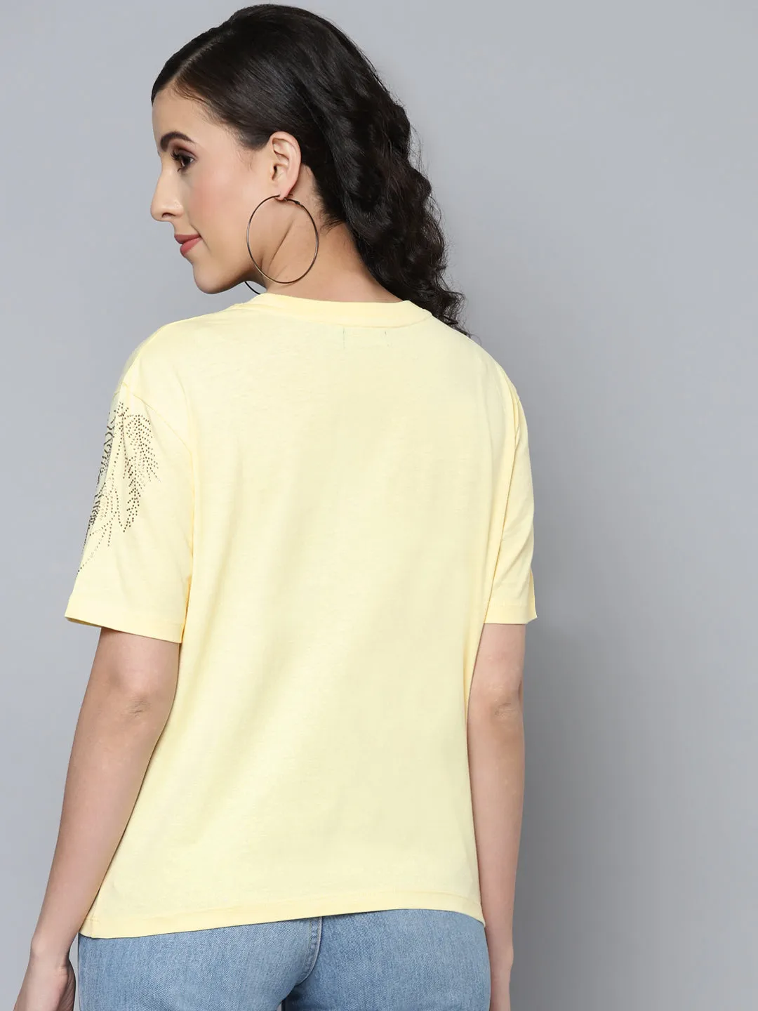 Women Yellow Shoulder Stud Work Regular T-Shirt