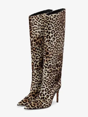 Women's Leopard High Heel Knee High Suede Wide Calf Boots