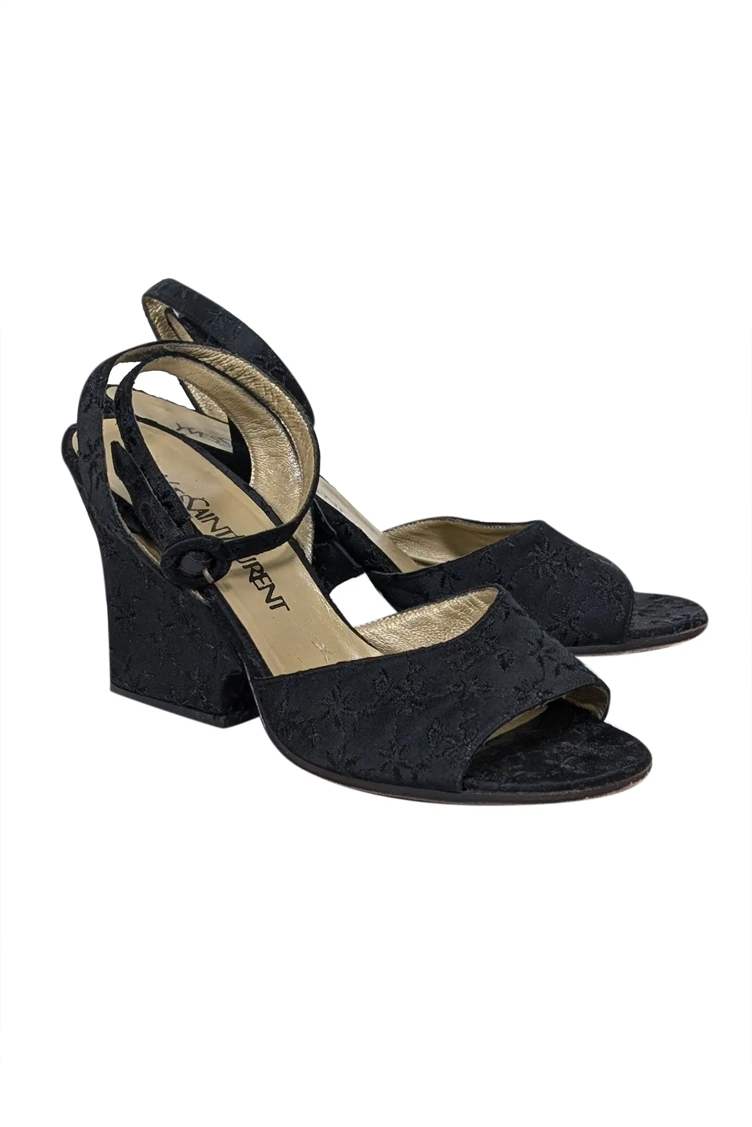 Yves Saint Laurent - Black Embroidered Open Toe Wedges Sz 7.5