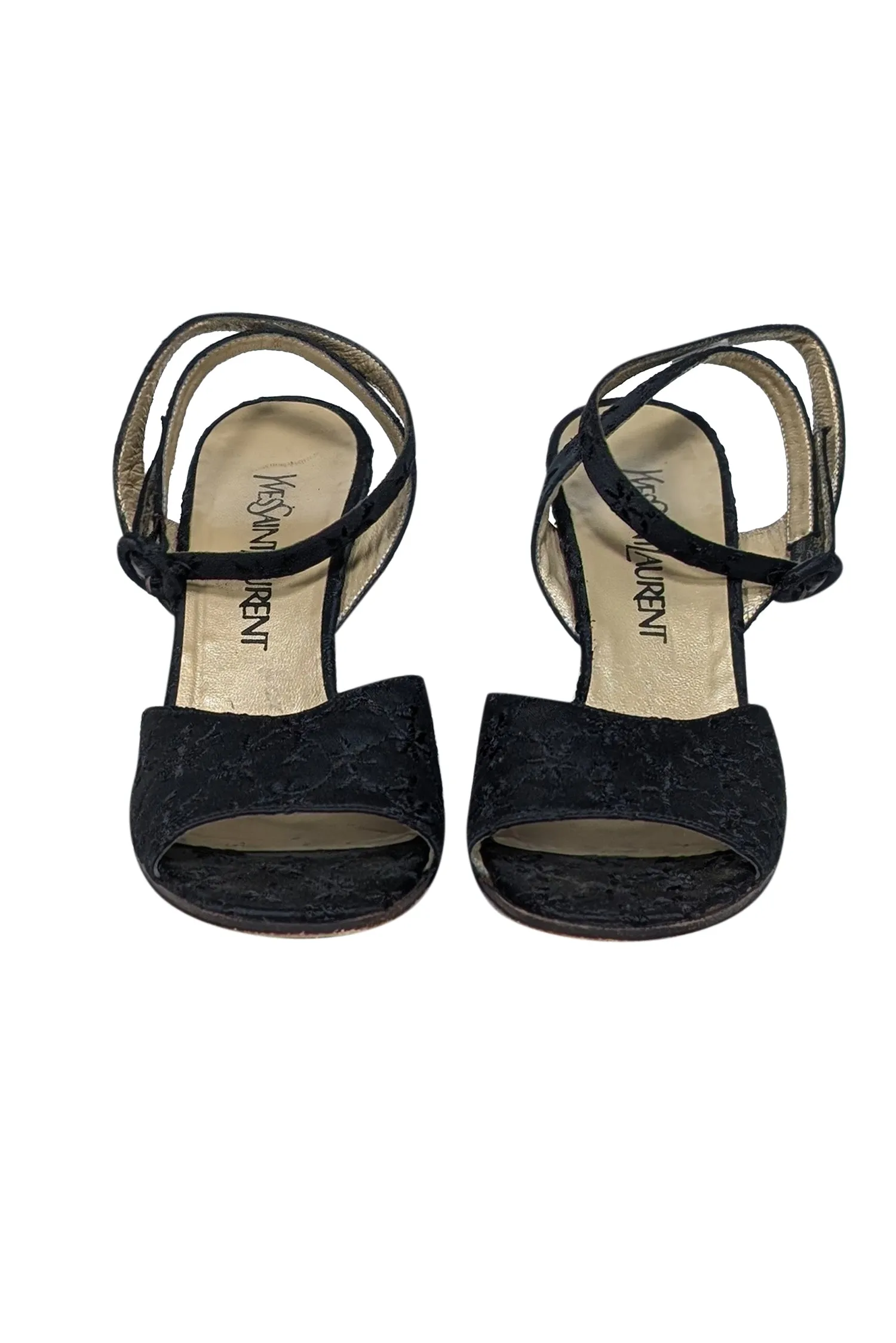 Yves Saint Laurent - Black Embroidered Open Toe Wedges Sz 7.5